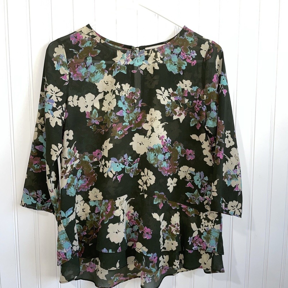 Everly Shirt Womens Small Floral Blouse 3/4‎ Sleeve Sheer Hi Lo Hem Tiered Front